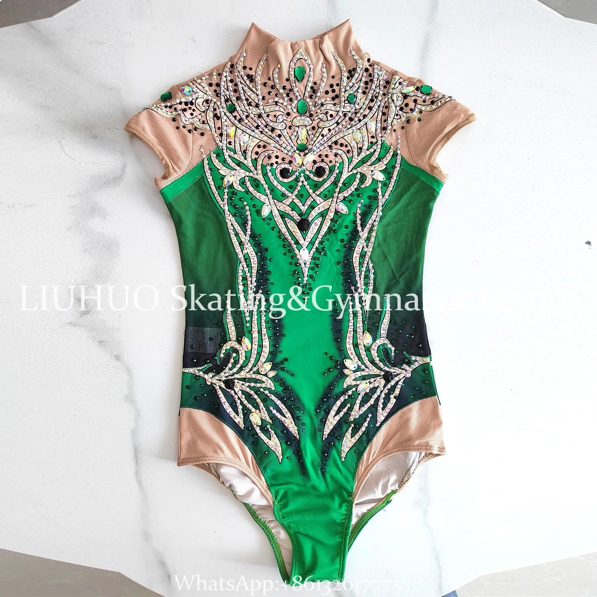 Ritminės Gimnastikos Triko Mergaičių Moterų Žalia Ledo Dailiojo Čiuožimo Suknelė Be Rankovių Dancewear Konkurencijos Suknelė