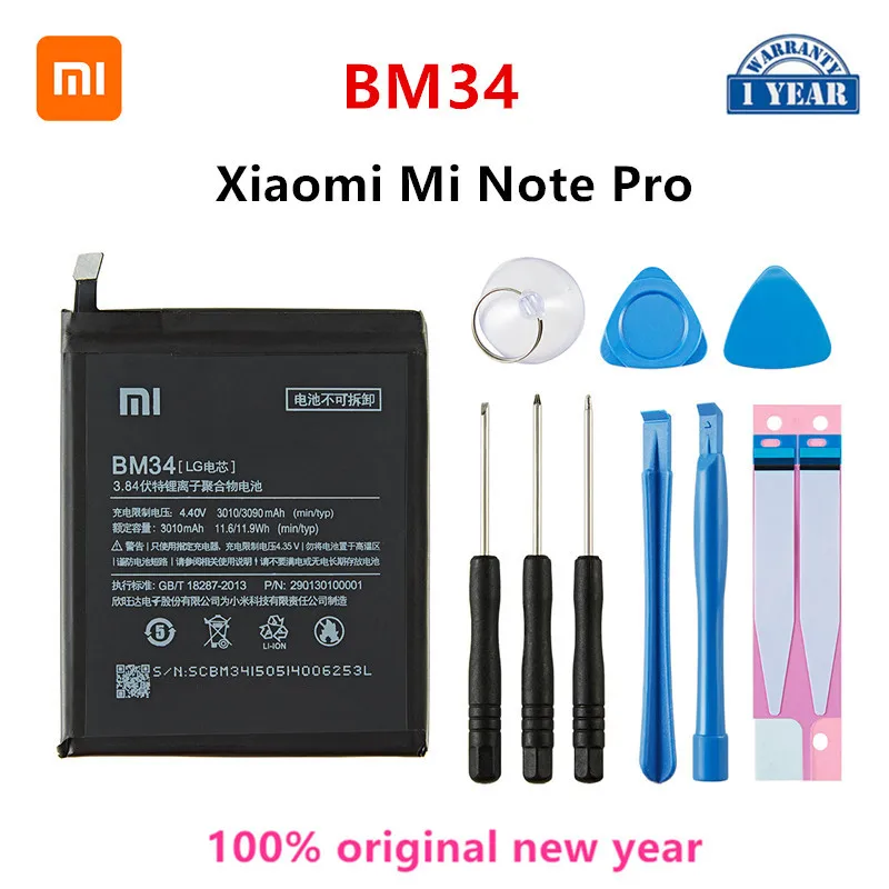 Xiao mi 100% Originalus BM34 3010mAh Baterija Xiaomi Mi Pastaba Pro BM34 4GB RAM Aukštos Kokybės Telefoną Pakeisti Baterijas +Įrankiai