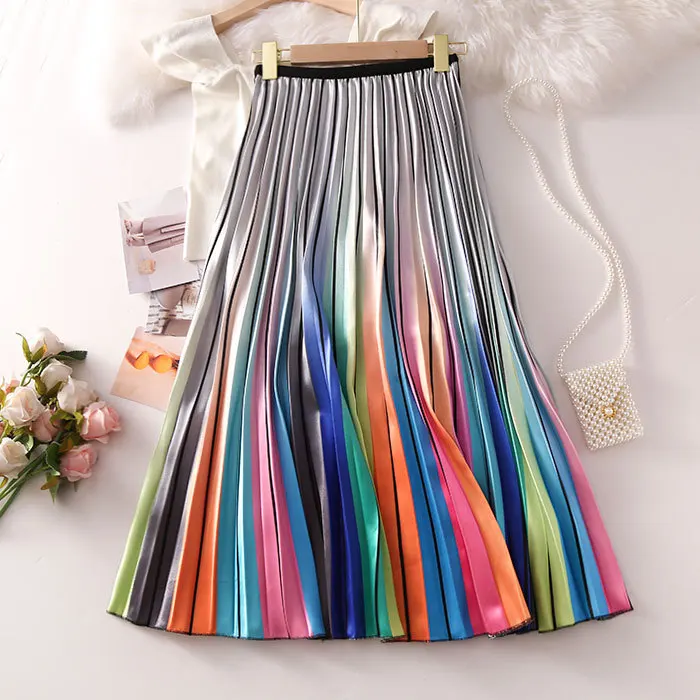 Naujas rainbow spausdinti klostuotas Satino sijonas sūpynės, vidutinio ilgio-line sijonas
