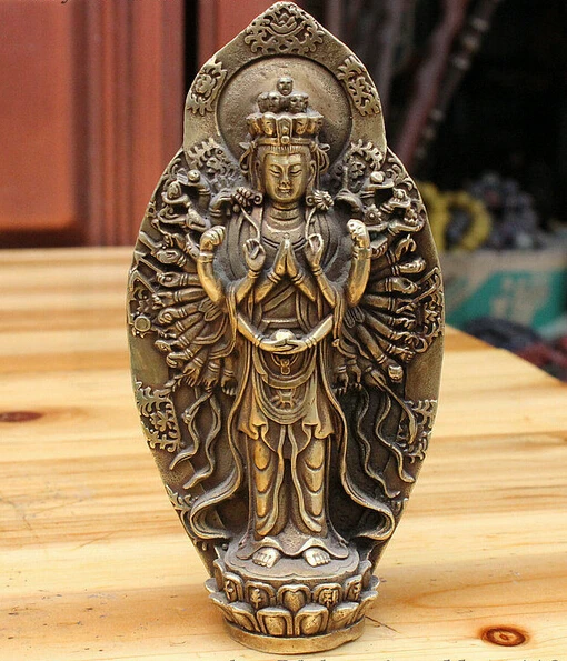 bronzos Apdaila, Gryno Žalvario Gera kaina Pasisekė Kinija Budizmo Bronzos Stovėti 1000 Ginklų Guan Yin Avalokiteshvara Deivės Statula