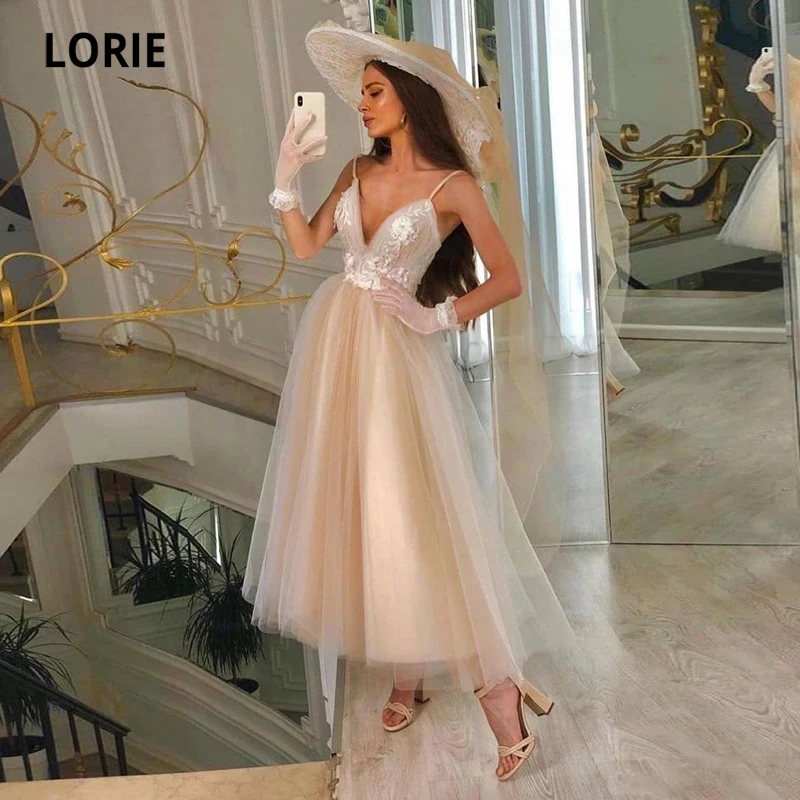 LORIE Šampano Trumpas Prom Dresses Spageti Dirželis-Line Appliques Gėlių Arbata Ilgis Vestuves Suknelė Įžymybė Baigimo