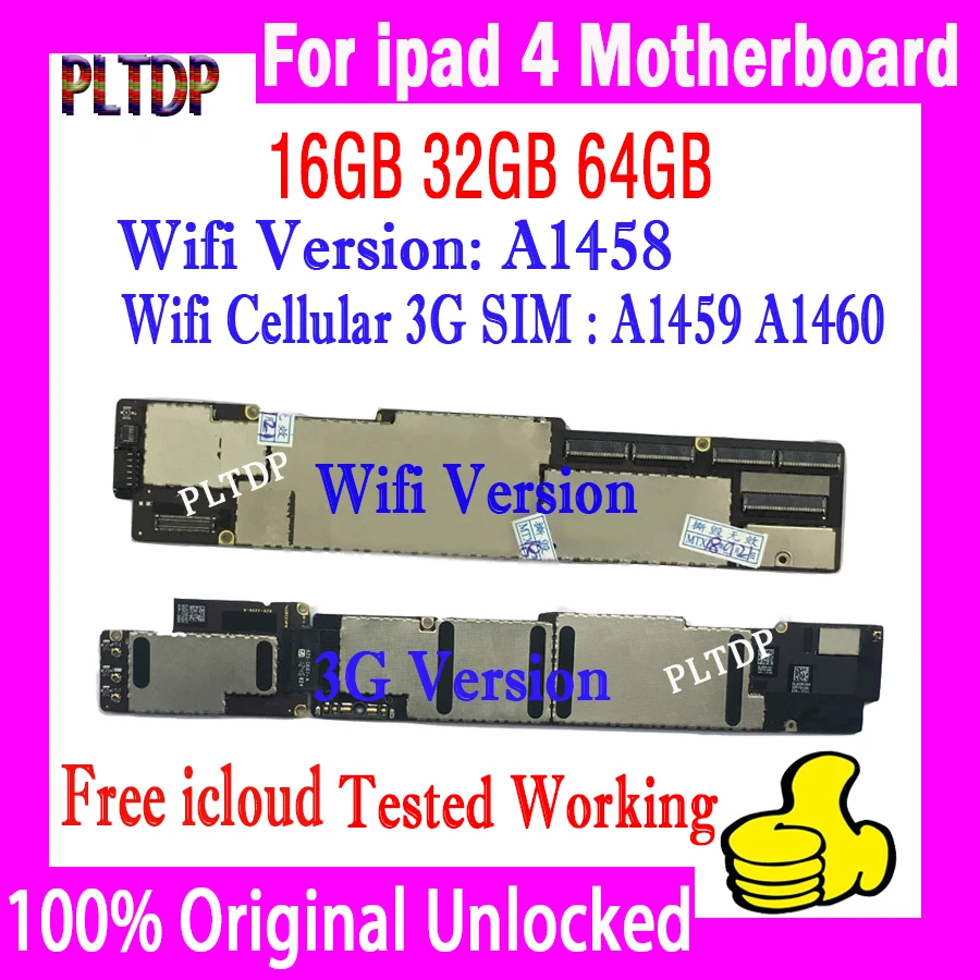 Wifi Versija A1458 ipad 4 Originalus, Atrakinta Plokštė Wi-fi, 3G Versija A1459 A1460 Logicboard Su Pilna Žetonų, Išbandyta, Gerai