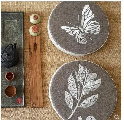 rudas lininis audinys sidabro drugelis/augalai išsiuvinėti sėdynės pagalvėlės futonas tatamio Jogos kilimėlis anti-slip sėdynė, kilimėlis, pagalvėlė patalpų