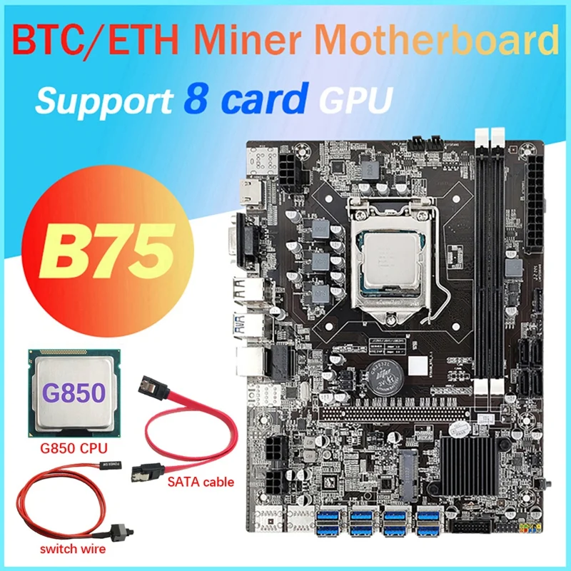 B75 8 Kortelės BTC Kasybos Plokštė+G850 CPU+SATA Kabelis+Switch Kabelis 8XUSB3.0 Pcle 1X Lizdą, LGA1155 DDR3 MSATA ETH Miner