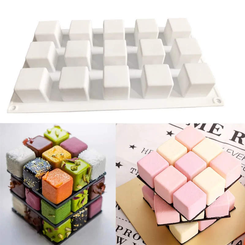 Silikoninės Kepimo Formos Aikštė Pelėsių 3D Cube Silikono Mousse Cake Desertas Pelėsis 15-Ertmė Šokolado Konditerijos Triufeliai