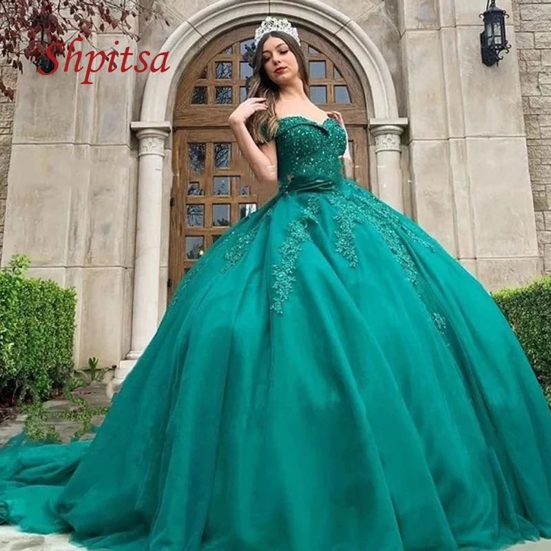 Smaragdas Žalia Nėrinių Quinceanera Suknelės Plius Dydžio Kamuolys Suknelė Maskuotis Princesė Mergina Ilgai Saldus 16 Prom Dresses 15 Metų