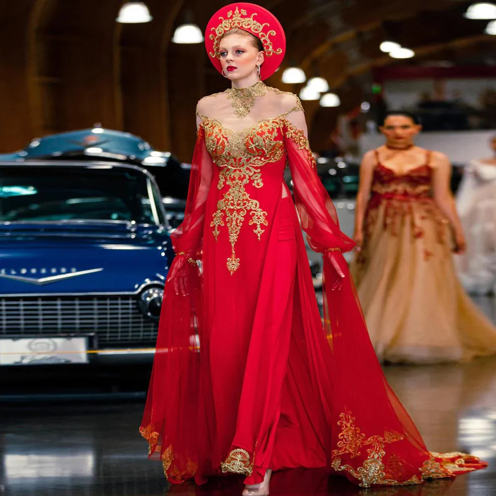 Raudona arabų Vakaro Suknelės su Aukso Nėrinių Appliques Atvira nugara Caftan Morrocan Oficialų Šifono Suknelė Linijos, Vestidos De Noche