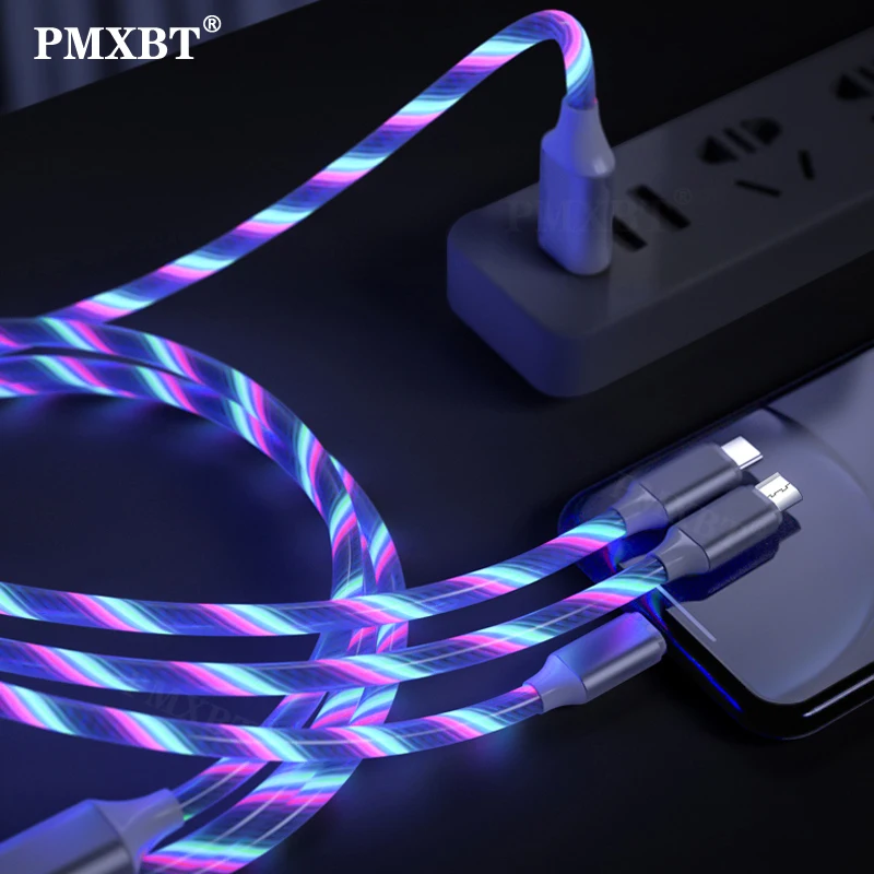 3 in 1 USB Įkroviklis Laidas LED Švyti Teka Spalvų Mokestis, Micro USB C Tipo baterijos kabelis apšvietimas 