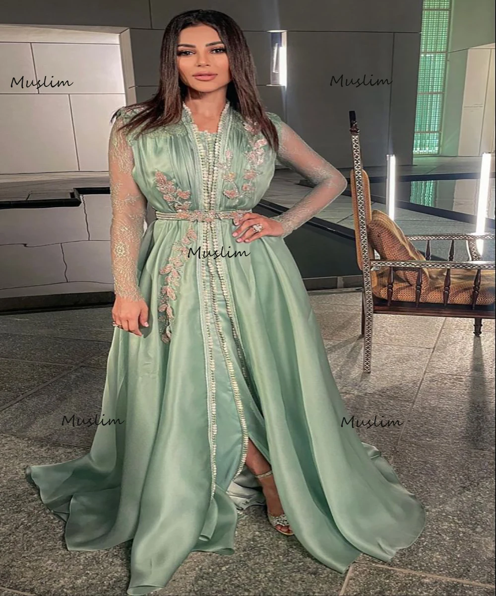 Maroko Žalia Kaftan Vakaro Suknelė Su Nėrinių Rankovės Elegantiškas Satino Ilgai Prom Dresses 2022 Appliques Oficialų Engegement Suknelė