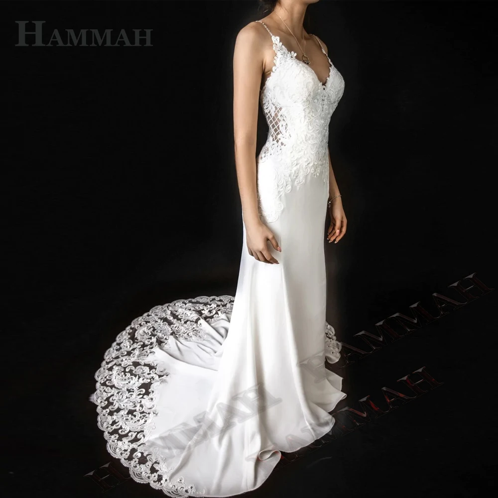HAMMAH Vestuvių Suknelės Mariages Elegantiškas Valymo Traukinio V Kaklo Appliques Vestido De Casament Spageti Dirželis Backless Mygtuką