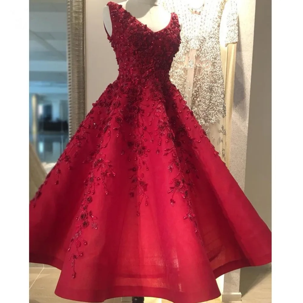 Gana Siuvinėjimo Puošnios Raudonos vakarinės Suknelės Elegantiškas 3D Gėlių Nėrinių Prom Chalatai Kulkšnies Ilgis Oficialų Šalis Suknelė Abendkleider