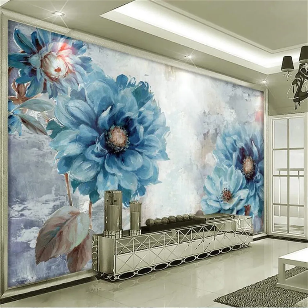 Milofi užsakymą tapetai, freskos Šiaurės stilius Europos rankomis dažyti aliejus, tapyba mėlynos gėlės kambarį fono sienos