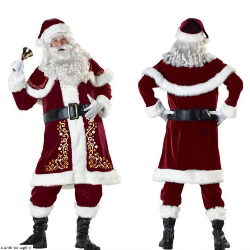 Kalėdų Senelio Kostiumas Suaugusiųjų Kalėdų Cosplay Kostiumų Raudona Deluxe Aksomo Išgalvotas 8pcs Nustatyti Kalėdos Šalis Vyro Kostiumas