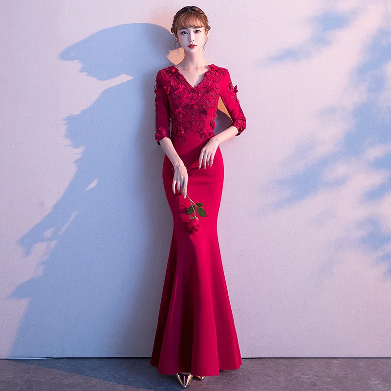 Bordo Undinė Satino Kinijos Seksualus Rytų Šalies Moterų Qipao Elegantiškas Įžymybė vakarinę Suknelę Pokylių Suknelės Dydis 3XL