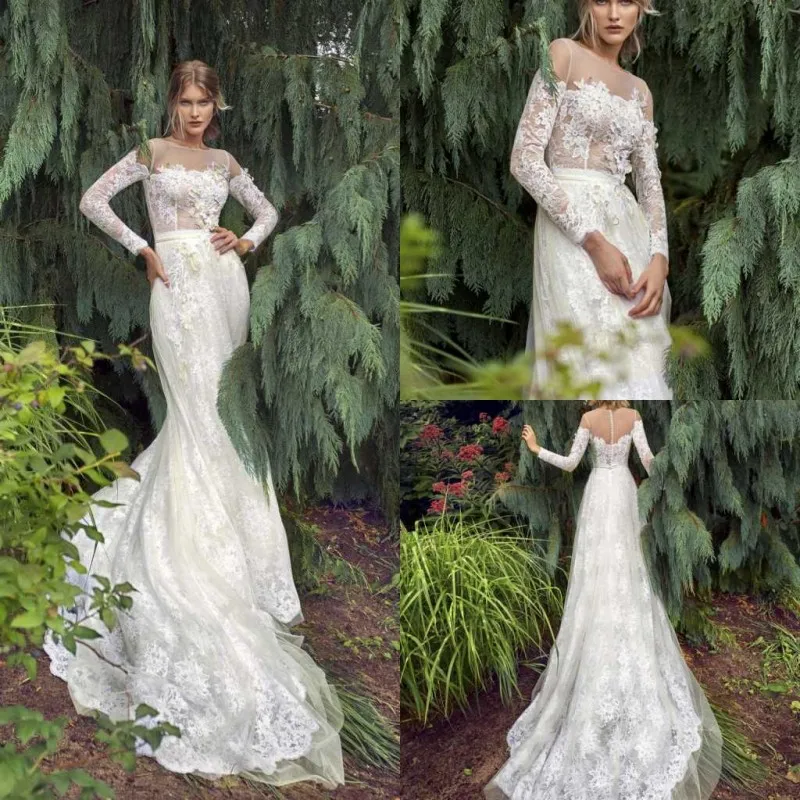 2020 Vestuvių Suknelės Puošmena-Ilgomis Rankovėmis, Nėriniai Appliques Vestuvinės Suknelės Mygtuką Atgal Valyti Traukinio Undinė Vestuvių Suknelė