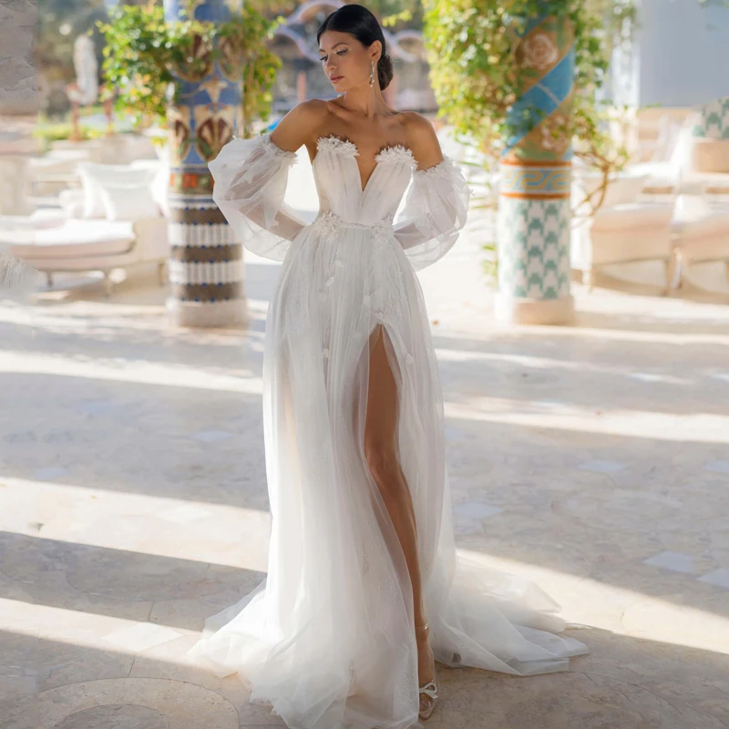 Eightree Seksualus Vestuvių Suknelės Baltos Spalvos Aplikacijos Sluoksniuotos Rankovėmis Nuotakos Suknelė Bobo Paplūdimys, Aukštos Padalinta Tiulio Vestuvių Vakaro Drabužiai Plius Dydis