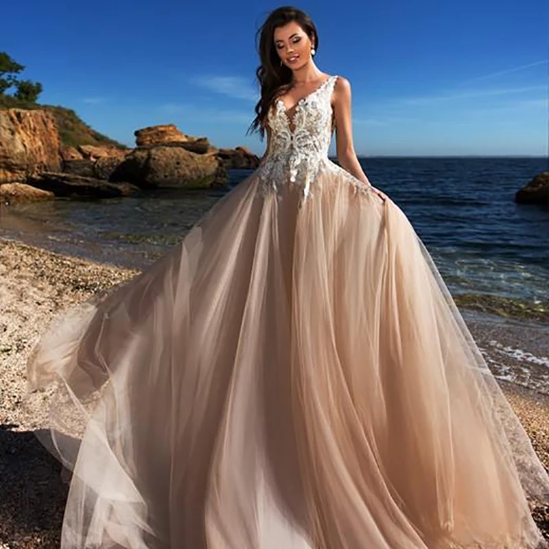 Smileven Princai Vestuvių Suknelės, Šampano Linijos, Paplūdimio Nėrinių Nuotakos Suknelės, Chalatas De Mariee Vestuvių Suknelės