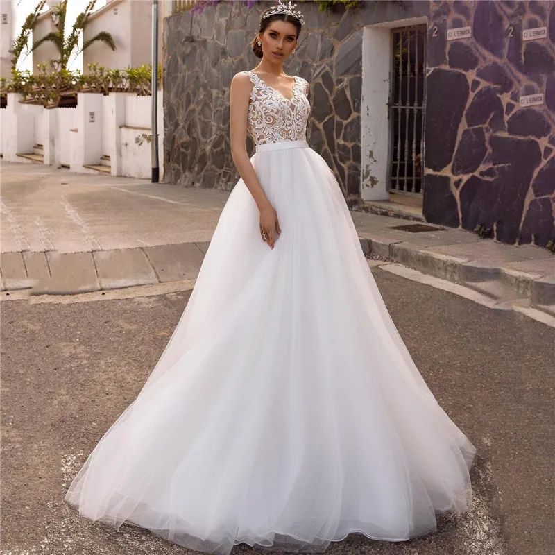 Chalatas de Mariage Pigūs Vestuvinės Suknelės 2021 Nėrinių Nuotakos Suknelė Backless Lankas Senovinių Vestuvinių Suknelių V Kaklo Valymo Traukinio