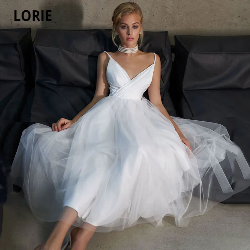LORIE Trumpas Vestuvių Suknelės Boho V-Kaklo Klostes-Line Backless Senovinių Vestuvių Suknelė Tiulio Arbata Ilgis Princesė Vestuvių Suknelė 2021