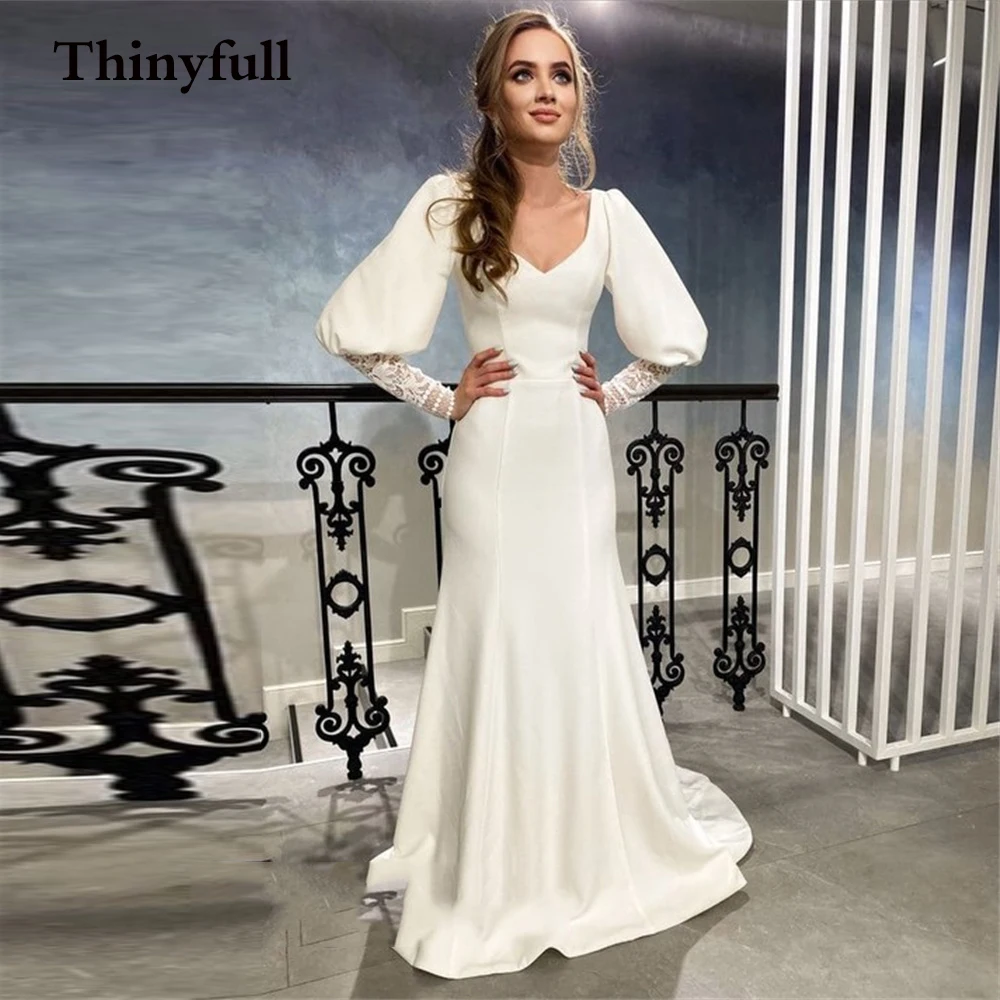 Thinyfull Ilgio Rankovėmis Ir Nėrinių Gėlių Santuokos 2021 Vestuvių Suknelės Appliques Undinė Ilgai, V Kaklo Nuotaka Oficialią Šalies Chalatai Vestido