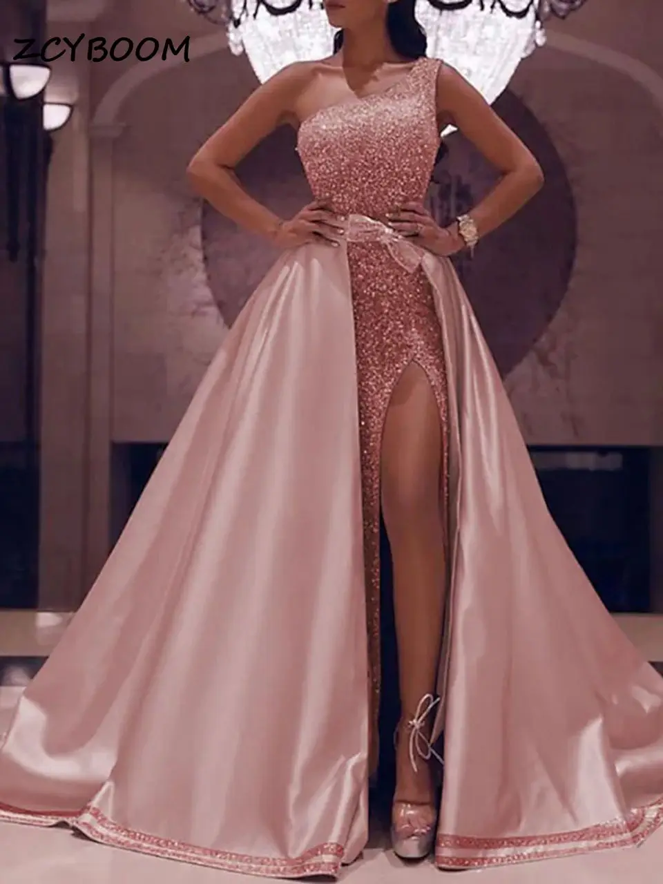 Elegantiškas Sparkle & Shine Blizgučiais Suknelės Kamuolys Suknelė Prom Dresses Šalis Nešioti Grindų Ilgis Vieną Petį Rankovių su Satino Lankas