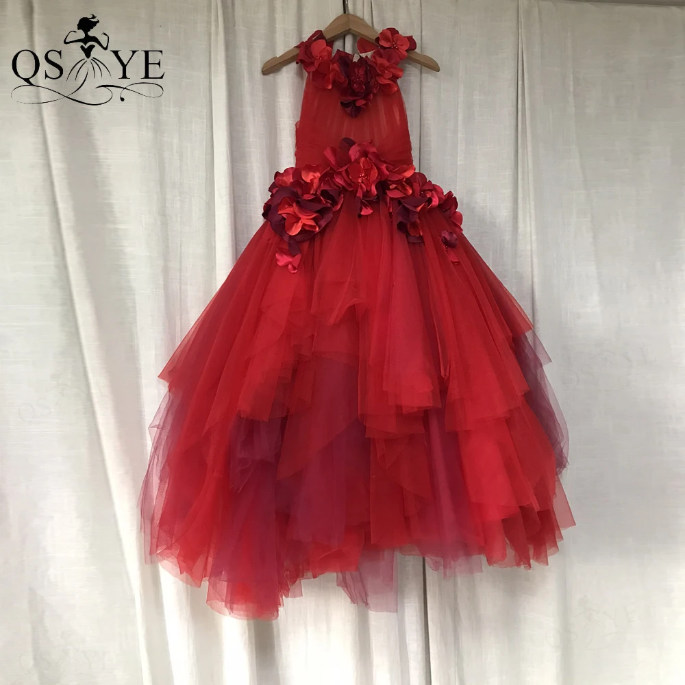 6 Metų senumo Raudonų Gėlių mergaičių Suknelės 3D Rankų darbo Gėlių Nėrinių Prom Princesė Vaikų linija Tiulio Vaikai Inscenizacija Reljefiniai Šalis Suknelė