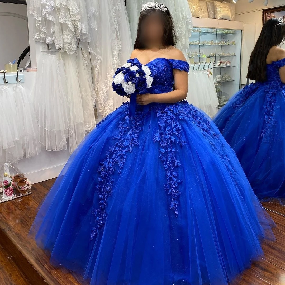 Royal Blue vestidos de 15 años 2021 Reljefiniai Quinceanera Suknelę Saldus 16 Suknelė Off-the-Pečių Ilgai Promenadzie Suknelė Tiulio Nėrinių